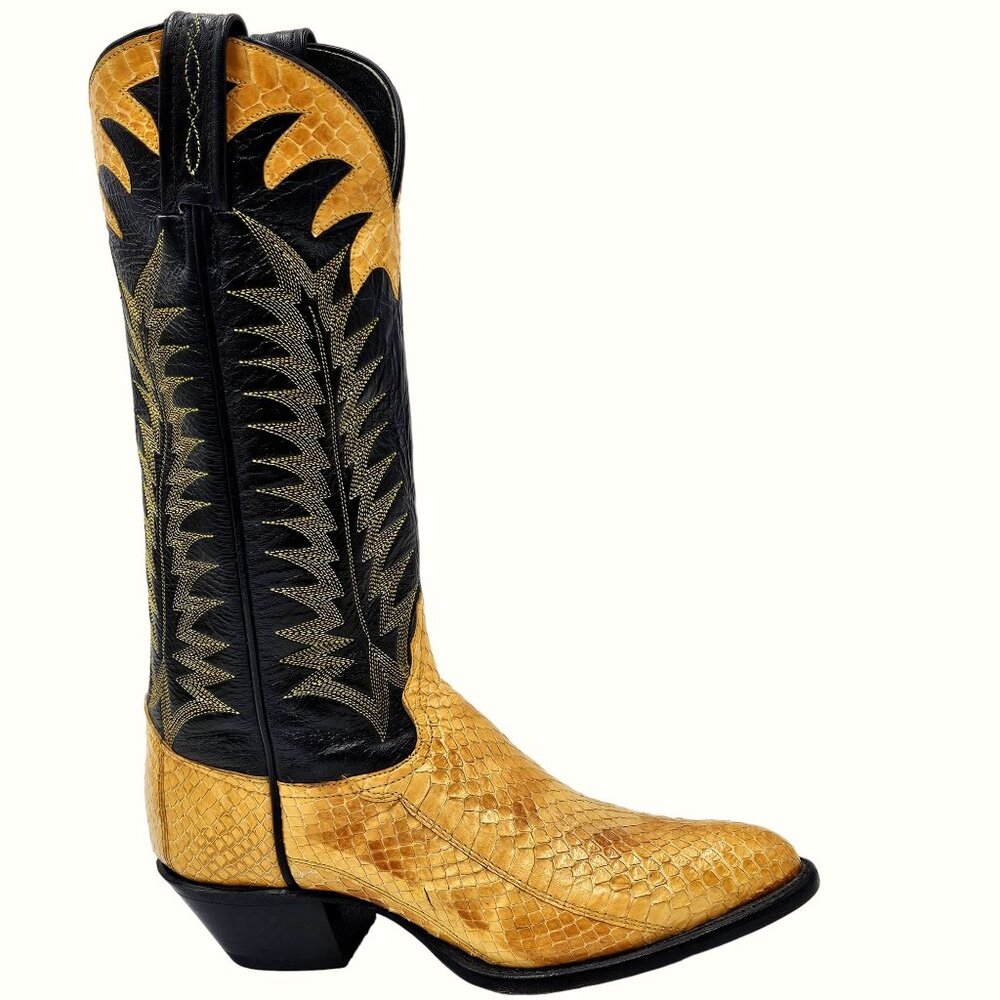 Vintage Tony Lama Exotic Yellow Black Python Snake Cowboy Boots Womens 5 Western - Picture 2 of 15